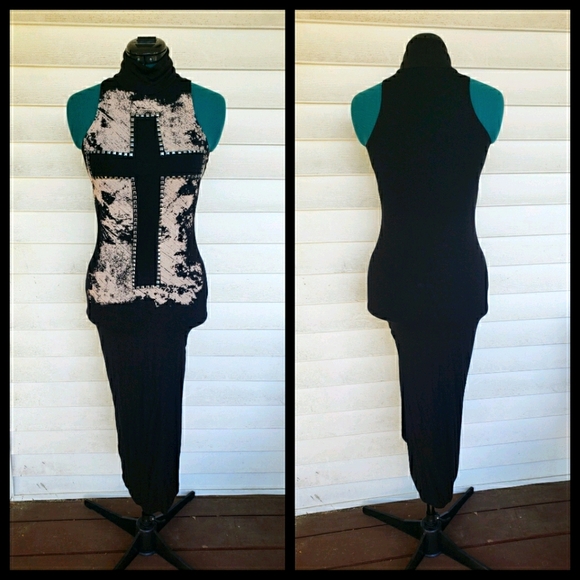 Turtleneck Slit Leg Cross Alt Goth Dress - Picture 1 of 7